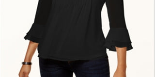 Charter Club Women's Double Ruffle Solid Pintuck Top Black Size Petite S