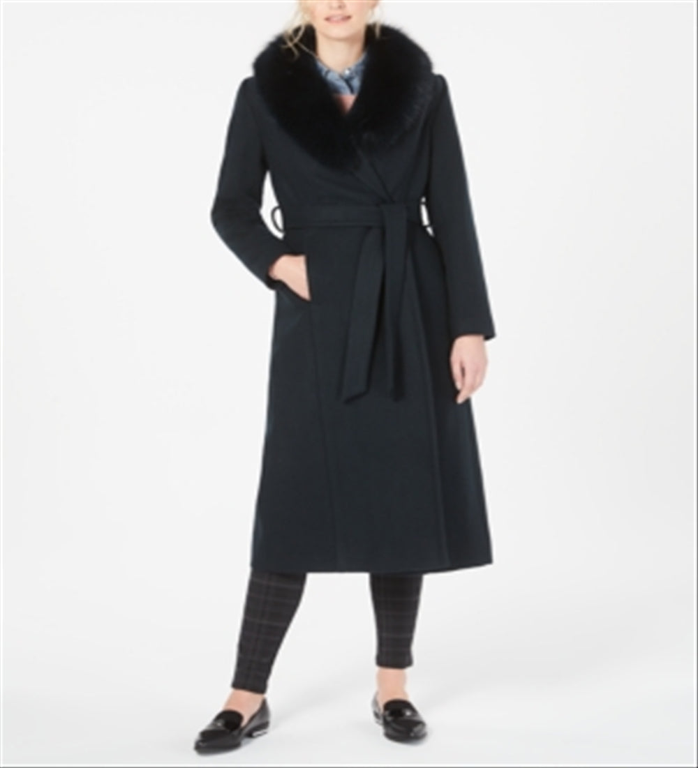 Forecaster Women's Fox Fur Collar Belted Maxi Wrap Coat -Black Size 16