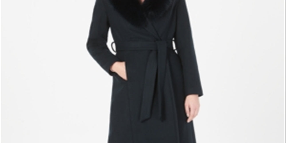 Forecaster Women's Fox Fur Collar Belted Maxi Wrap Coat -Black Size 16