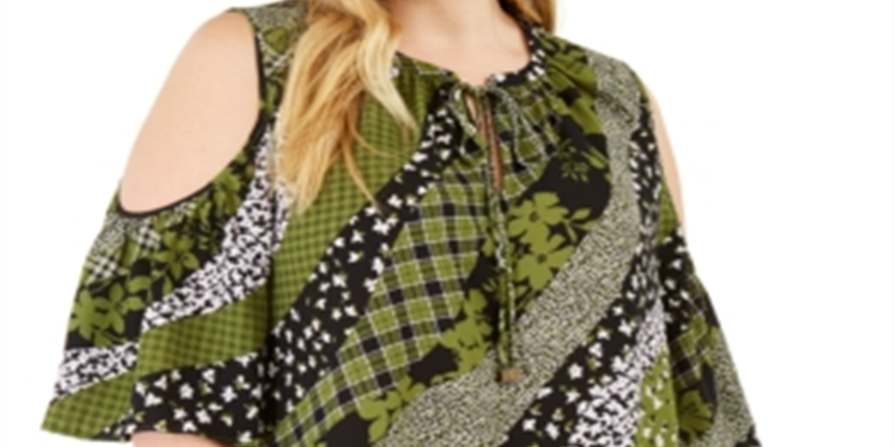 Michael Kors Women's Plus Mixed Print Cold Shoulder Top Green Size 2X