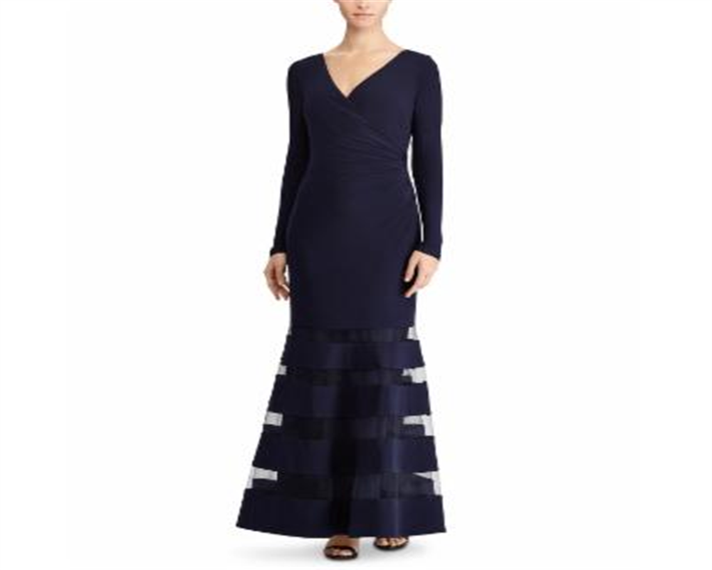 Ralph Lauren Women's Tulle Panel Surplice Long Sleeve Gown Blue Size 2