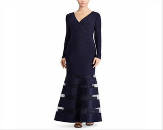Ralph Lauren Women's Tulle Panel Surplice Long Sleeve Gown Blue Size 2