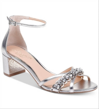 Jewel Badgley Mischka Women's  Cushioned Rhinestone Giona Round Toe Block Heel Buckle Dress Sandals Silver Size 8.5