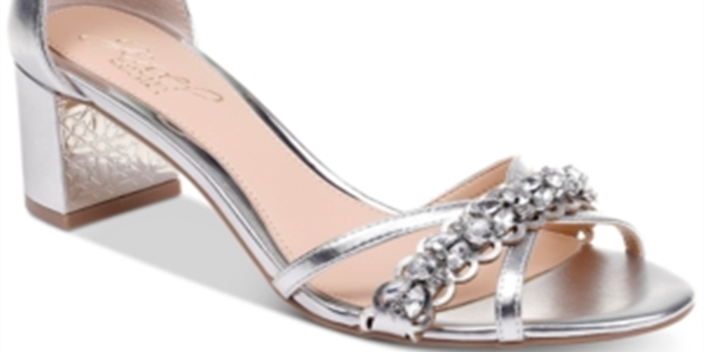 Jewel Badgley Mischka Women's  Cushioned Rhinestone Giona Round Toe Block Heel Buckle Dress Sandals Silver Size 8.5