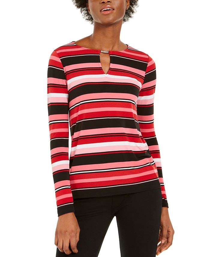 Michael Kors Women's Striped Keyhole Top Pink Size Petite