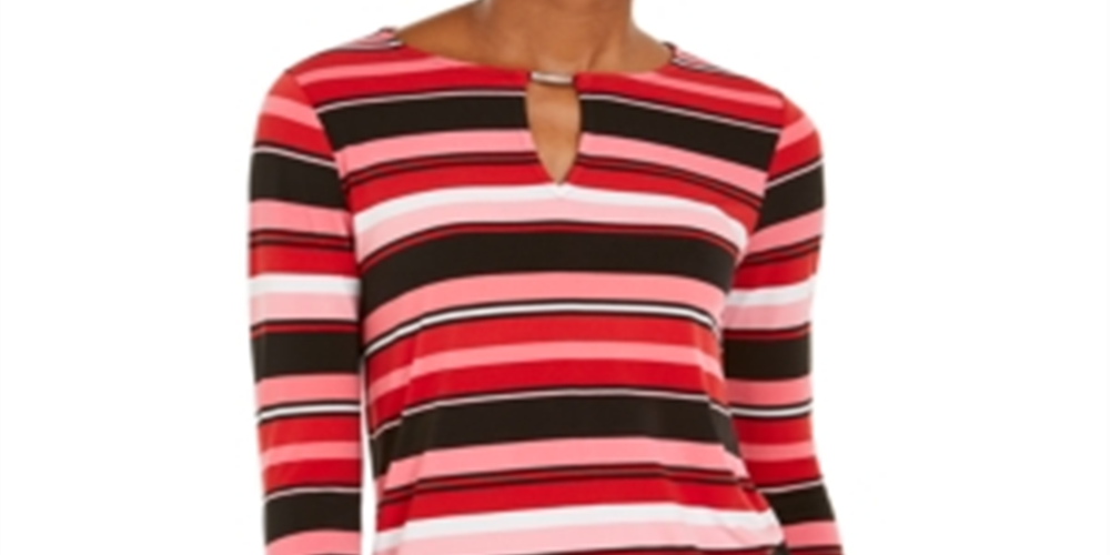 Michael Kors Women's Striped Keyhole Top Pink Size Petite