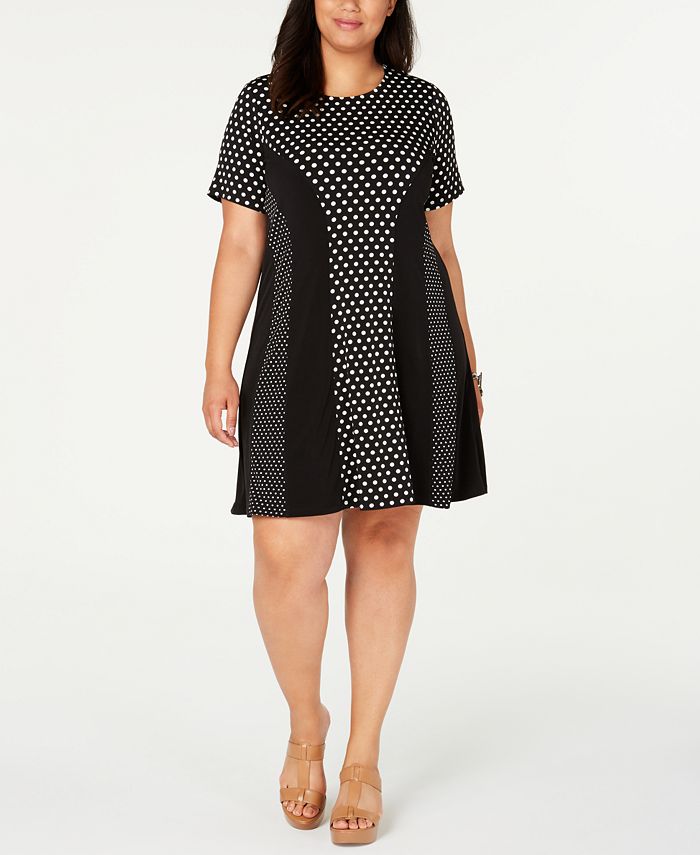 Michael Kors Women's Plus Polka Dot Stretch Fit & Flare Dress Black Size 1X