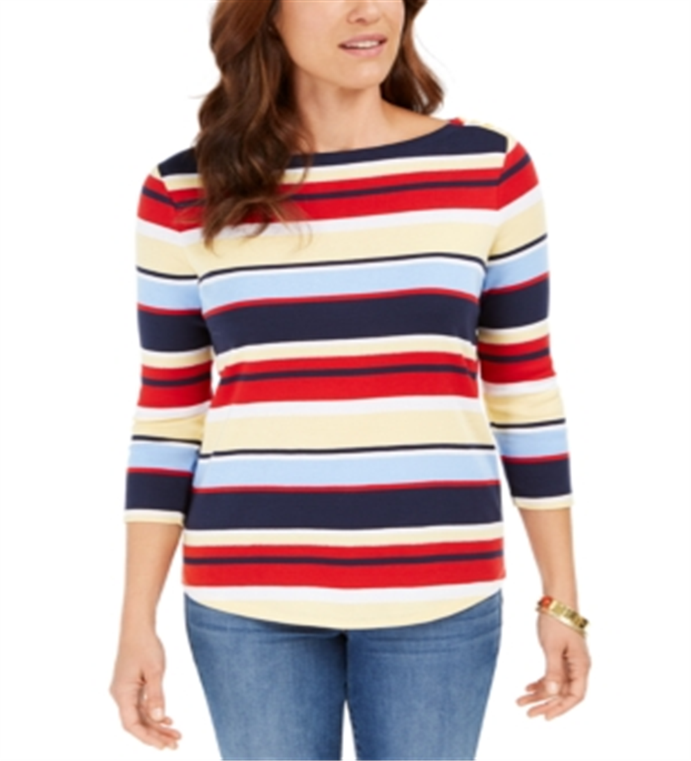Charter Club Women's Pima Cotton Button Shoulder Stripe Top Red Multi Size Small