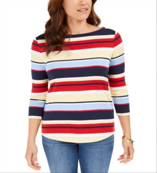 Charter Club Women's Pima Cotton Button Shoulder Stripe Top Red Multi Size Small
