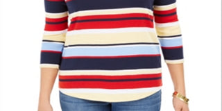 Charter Club Women's Pima Cotton Button Shoulder Stripe Top Red Multi Size Small