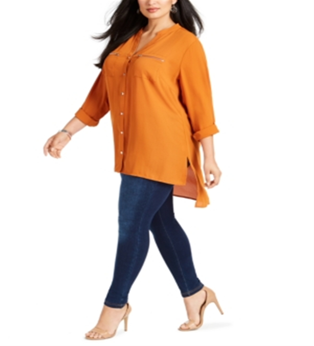 NY Collection Women's Plus Y Neck High Low Blouse Brown Size 1XL