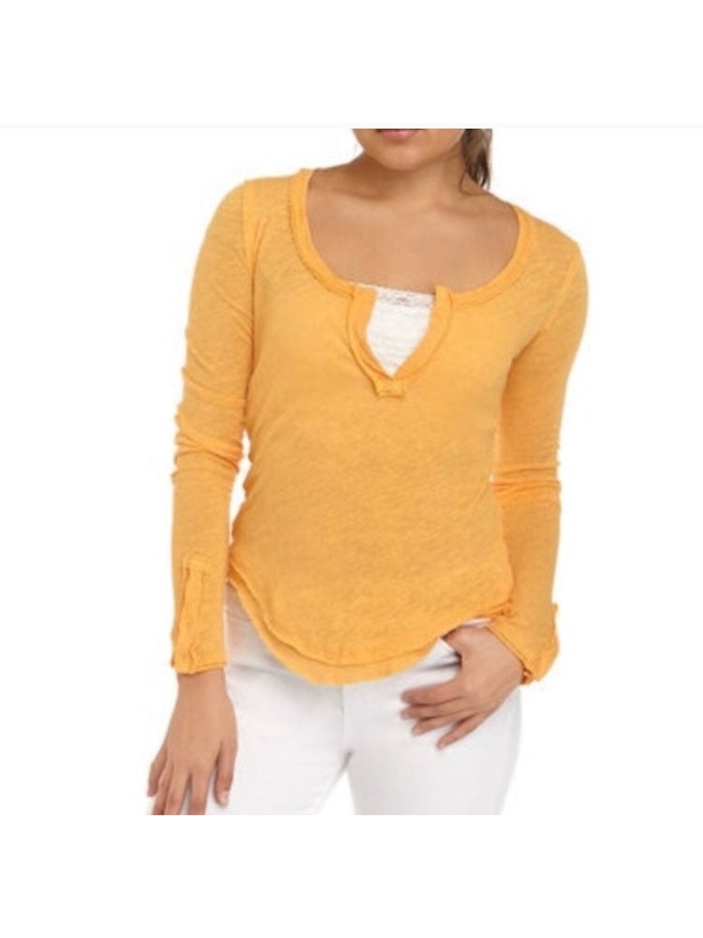 Free People Women's Long Sleeve V Neck Top Orange Size Small