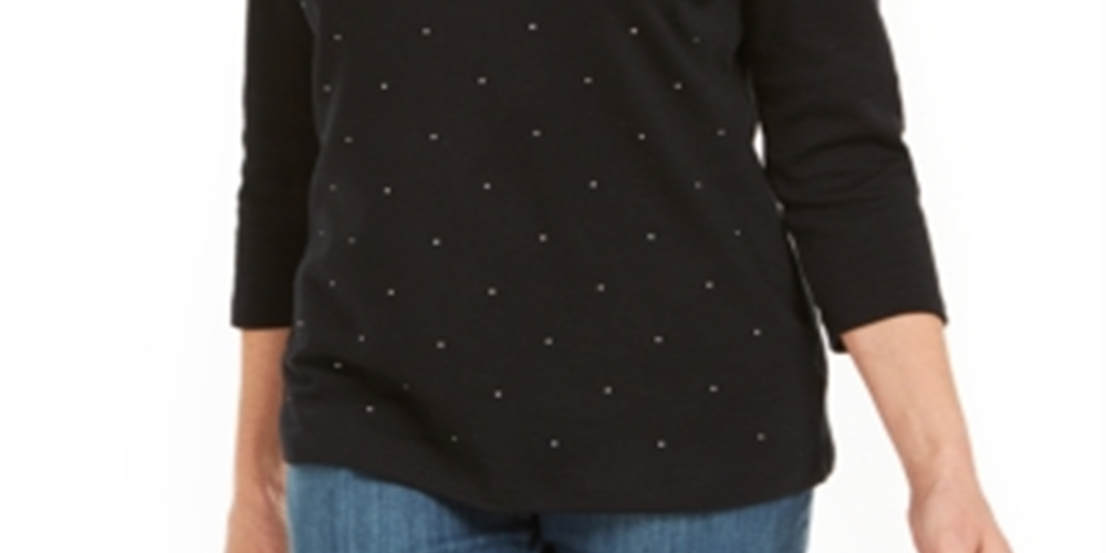 Karen Scott Women's Studded 3/4 Sleeve Top Black Size Small