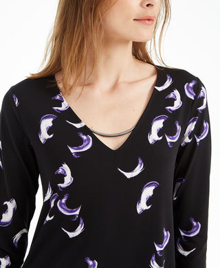 Alfani Women's Printed Neckline Hardware Top Black Size Medium