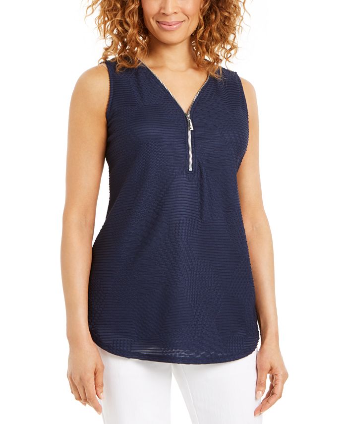 JM Collection Women's Zippered Neck Top Blue Size Small