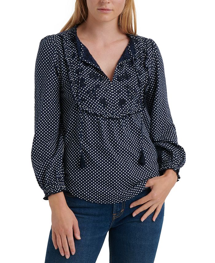 Lucky Brand Women's Polka Dot Long Sleeve V Neck Top Blue  Size Large