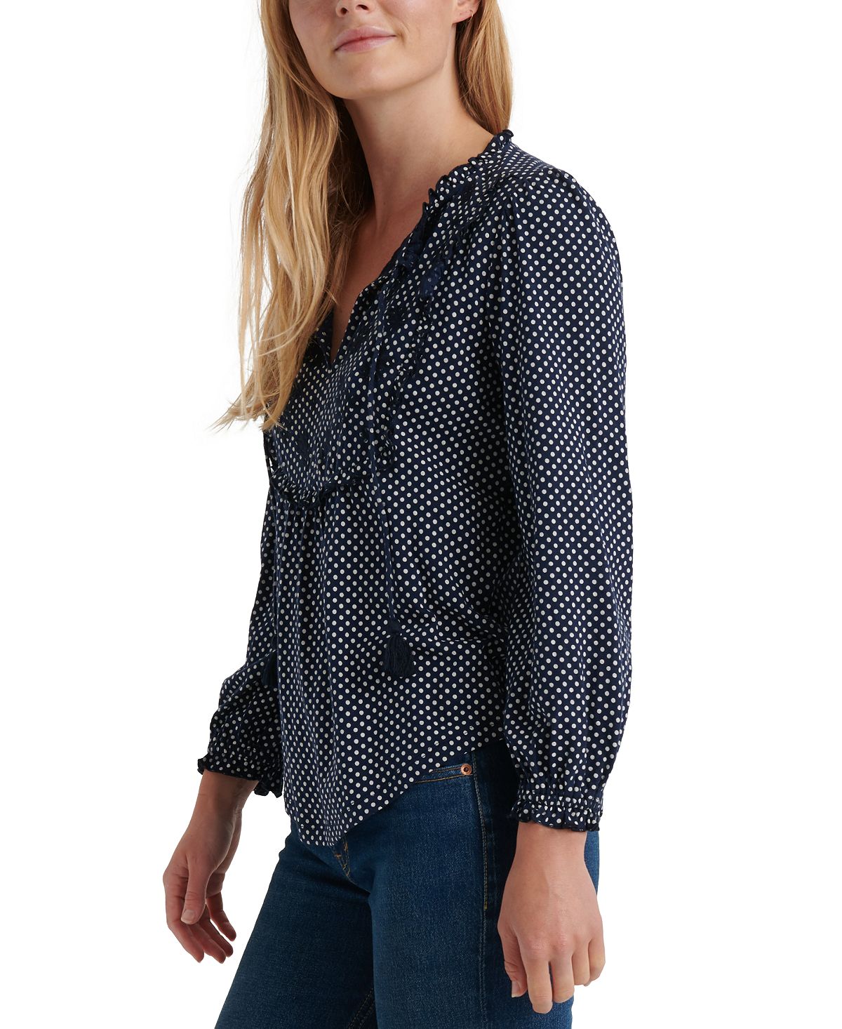 Lucky Brand Women's Polka Dot Long Sleeve V Neck Top Blue  Size Large