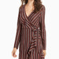 Crystal Dolls Women's Belted Striped Long Sleeve Short Wrap Dress Brown Size Medium