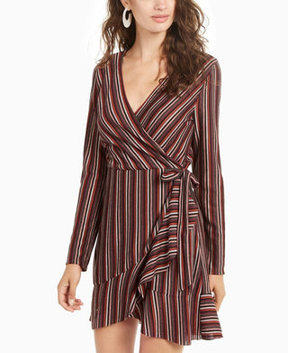 Crystal Dolls Women's Belted Striped Long Sleeve Short Wrap Dress Brown Size Medium