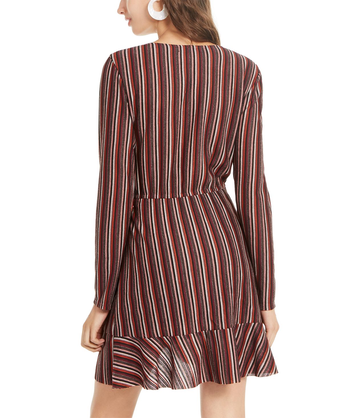 Crystal Dolls Women's Belted Striped Long Sleeve Short Wrap Dress Brown Size Medium