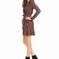 Crystal Dolls Women's Belted Striped Long Sleeve Short Wrap Dress Brown Size Medium