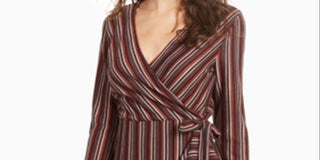 Crystal Dolls Women's Belted Striped Long Sleeve Short Wrap Dress Brown Size Medium