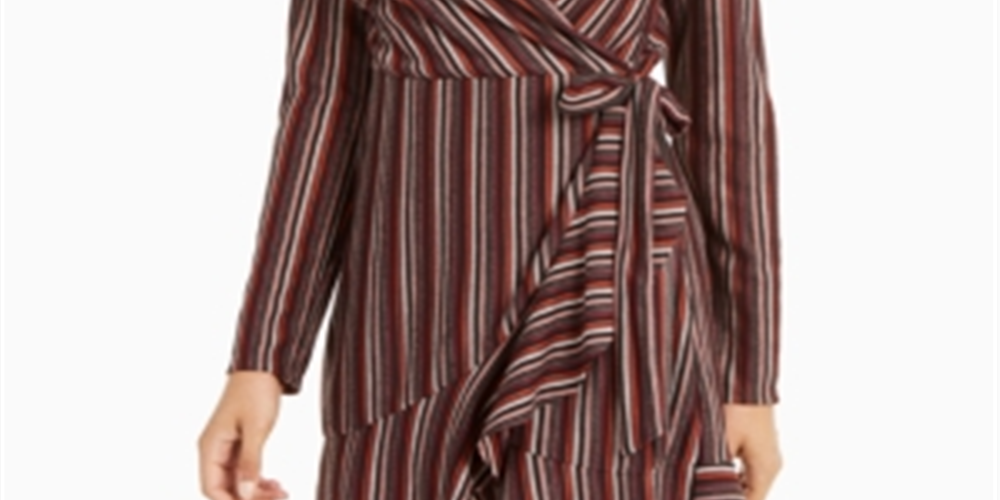 Crystal Dolls Women's Belted Striped Long Sleeve Short Wrap Dress Brown Size Medium