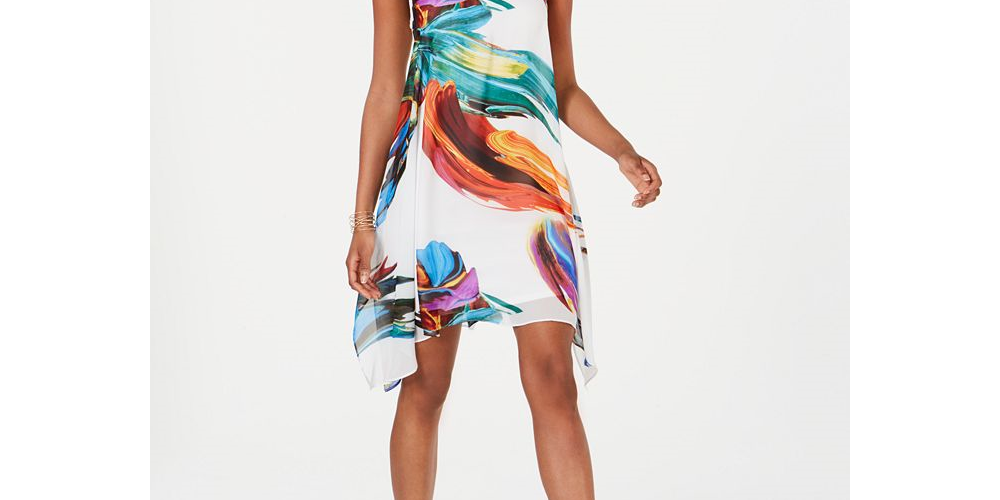 Robbie Bee Women's Printed Chiffon Trapeze Dress -White Size 10 P