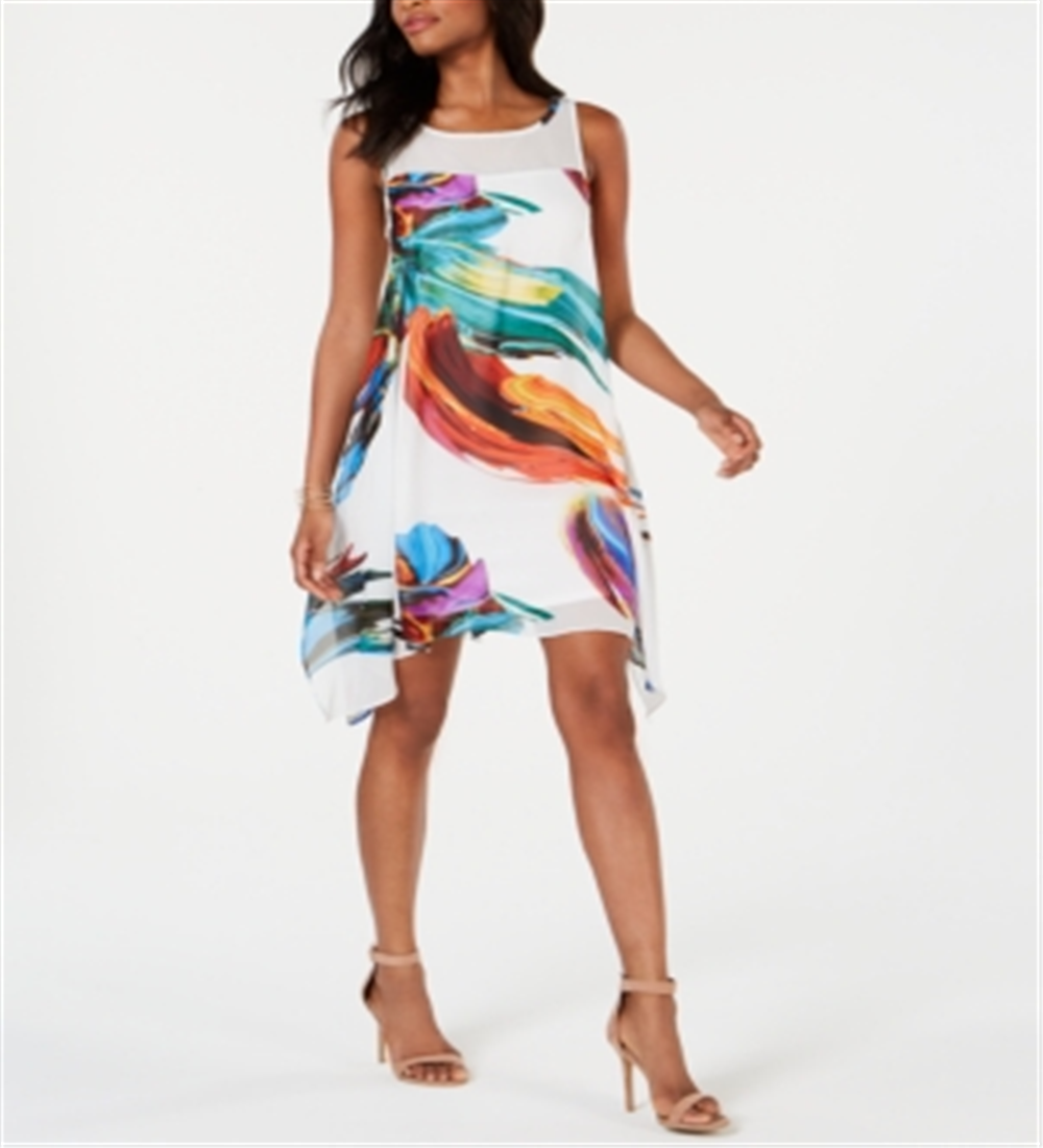 Robbie Bee Women's Printed Chiffon Trapeze Dress -White Size 10 P