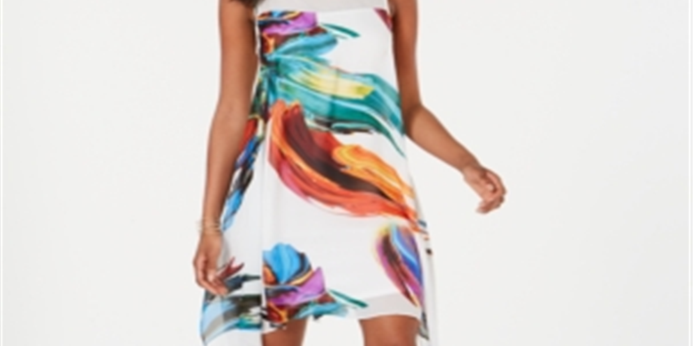 Robbie Bee Women's Printed Chiffon Trapeze Dress -White Size 10 P