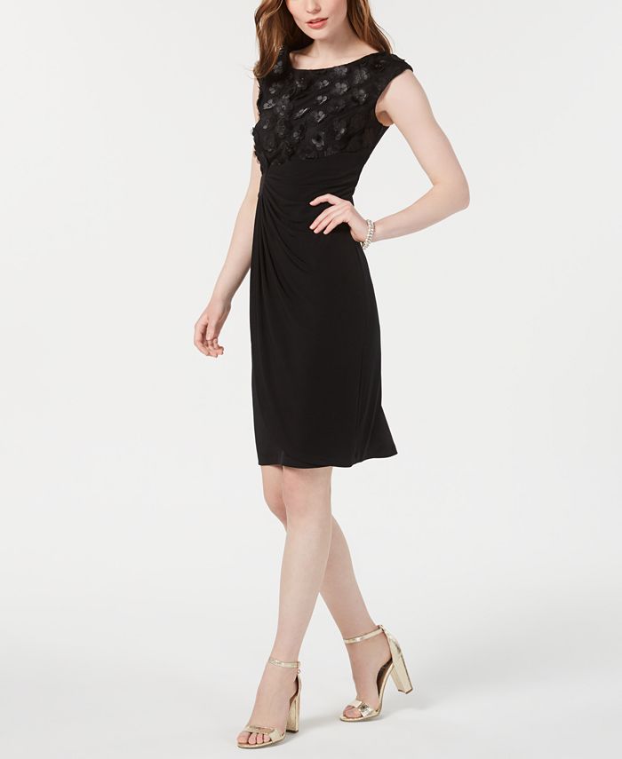 Connected Apparel Womens Floral Embroidered Shift Dress Black Size 8 Petite