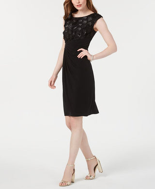 Connected Apparel Womens Floral Embroidered Shift Dress Black Size 8 Petite