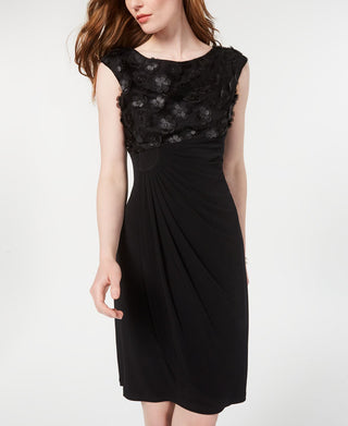 Connected Apparel Womens Floral Embroidered Shift Dress Black Size 8 Petite