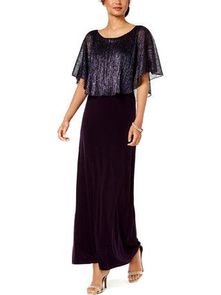 Connected Apparel Women's Metallic Cape Sleeves Maxi Dress Purple Size 10