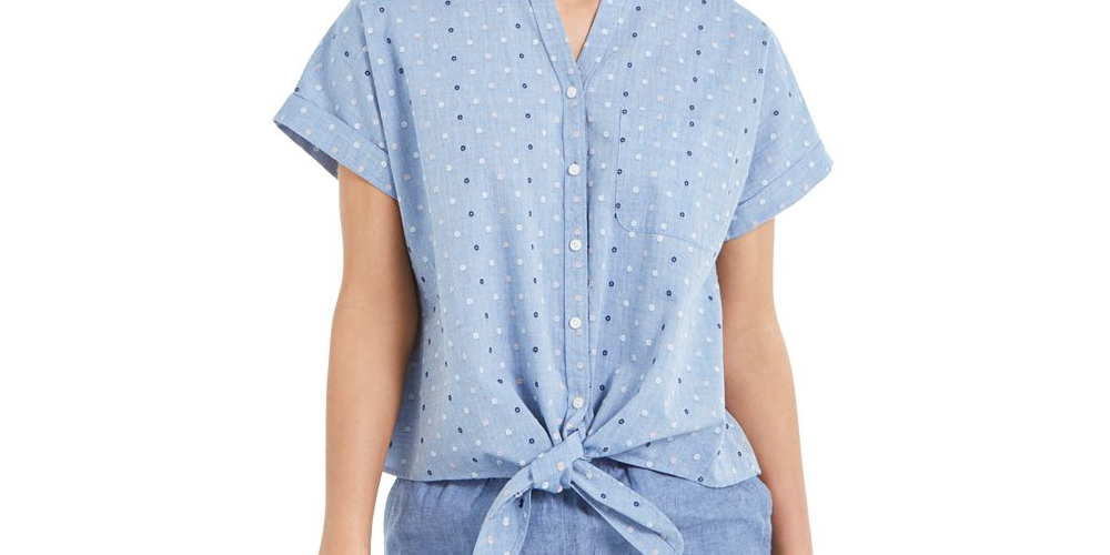 CHARTER CLUB Womens Blue Tie Front Polka Dot Short Sleeve Split Button up Top XS