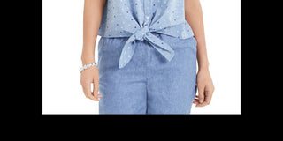 CHARTER CLUB Womens Blue Tie Front Polka Dot Short Sleeve Split Button up Top XS