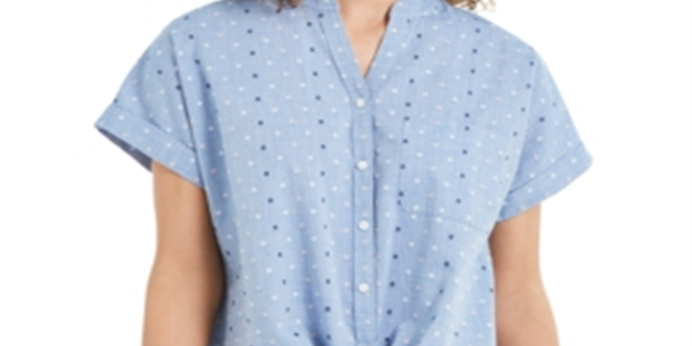 CHARTER CLUB Womens Blue Tie Front Polka Dot Short Sleeve Split Button up Top XS