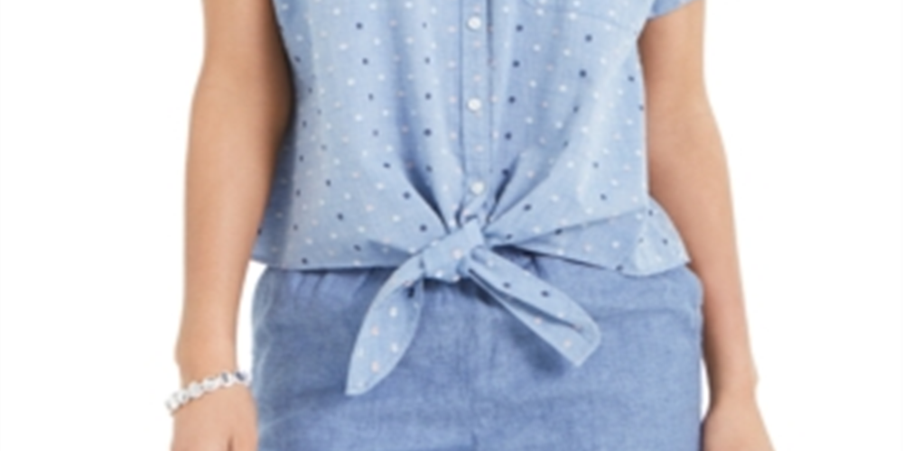 CHARTER CLUB Womens Blue Tie Front Polka Dot Short Sleeve Split Button up Top XS