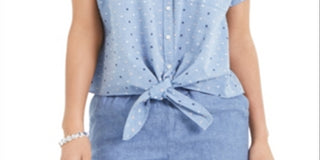 CHARTER CLUB Womens Blue Tie Front Polka Dot Short Sleeve Split Button up Top XS