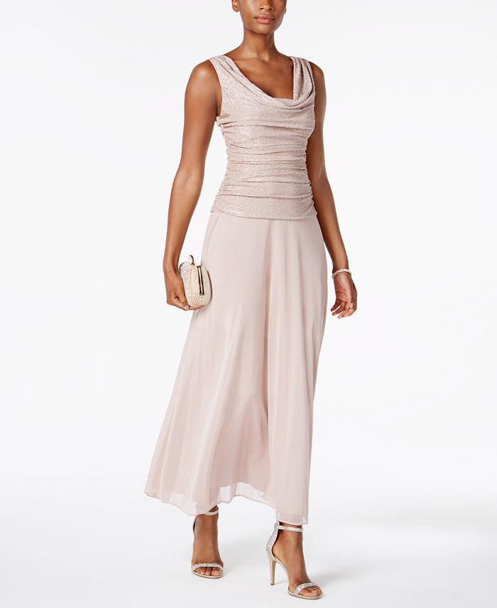 R & M Richards Women's Draped & Ruched Shimmer Gown Brown Size 14