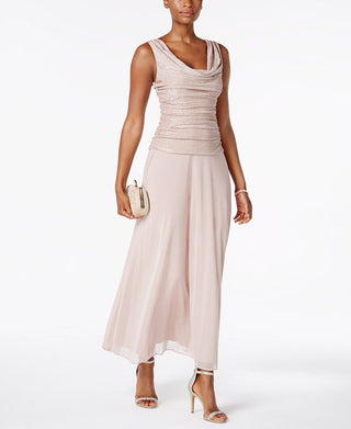 R & M Richards Women's Draped & Ruched Shimmer Gown Brown Size 14