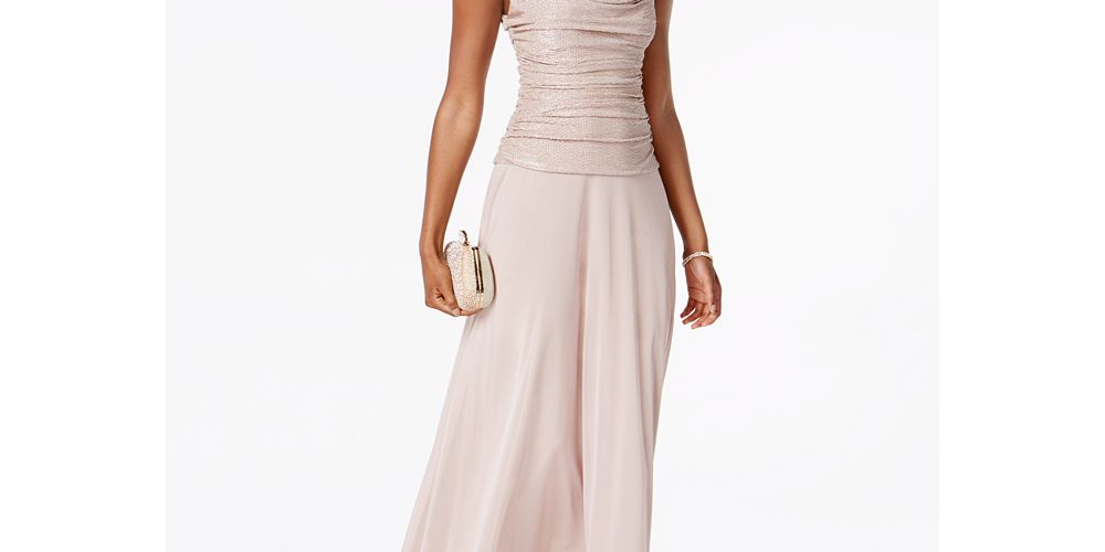 R & M Richards Women's Draped & Ruched Shimmer Gown Brown Size 14