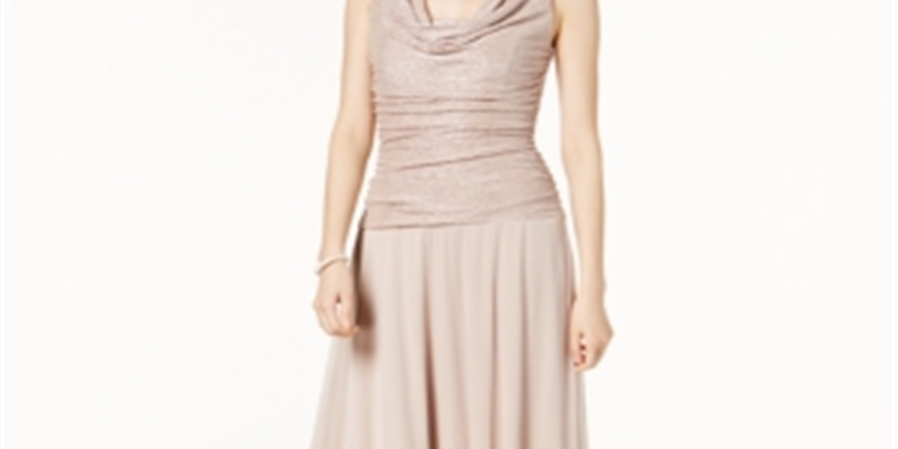 R & M Richards Women's Draped & Ruched Shimmer Gown Brown Size 14