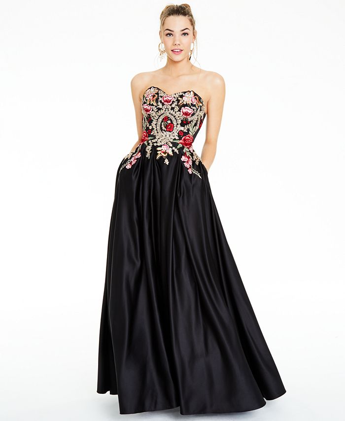 Blondie Nites Junior's Embroidered Front Corset Back Ball Gown Black Size 9