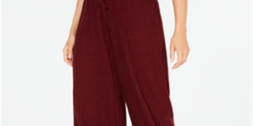 Hippie Rose Women's Tie Ribbed Wide Leg Casual Pants Red Size Medium