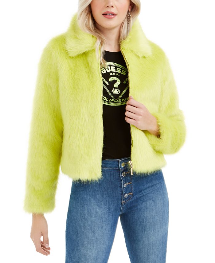 Guess Women's Acid Queen Faux Fur Jacket Green Size Large