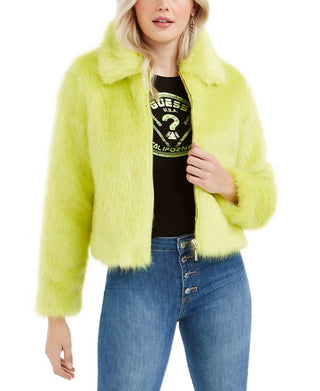 Guess Women's Acid Queen Faux Fur Jacket Green Size Large