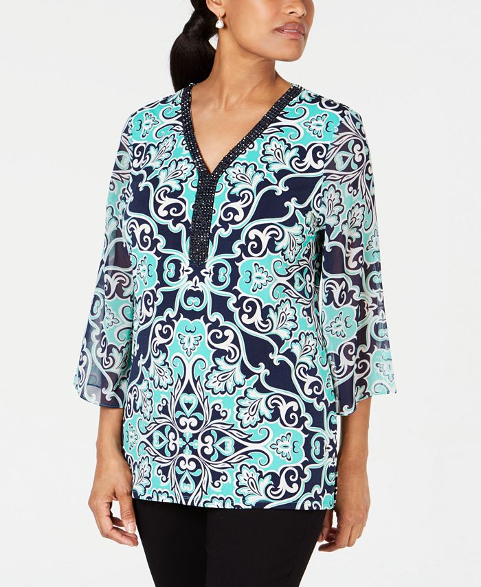 JM Collection Women's Printed Embellished Top Blue Size Petite S