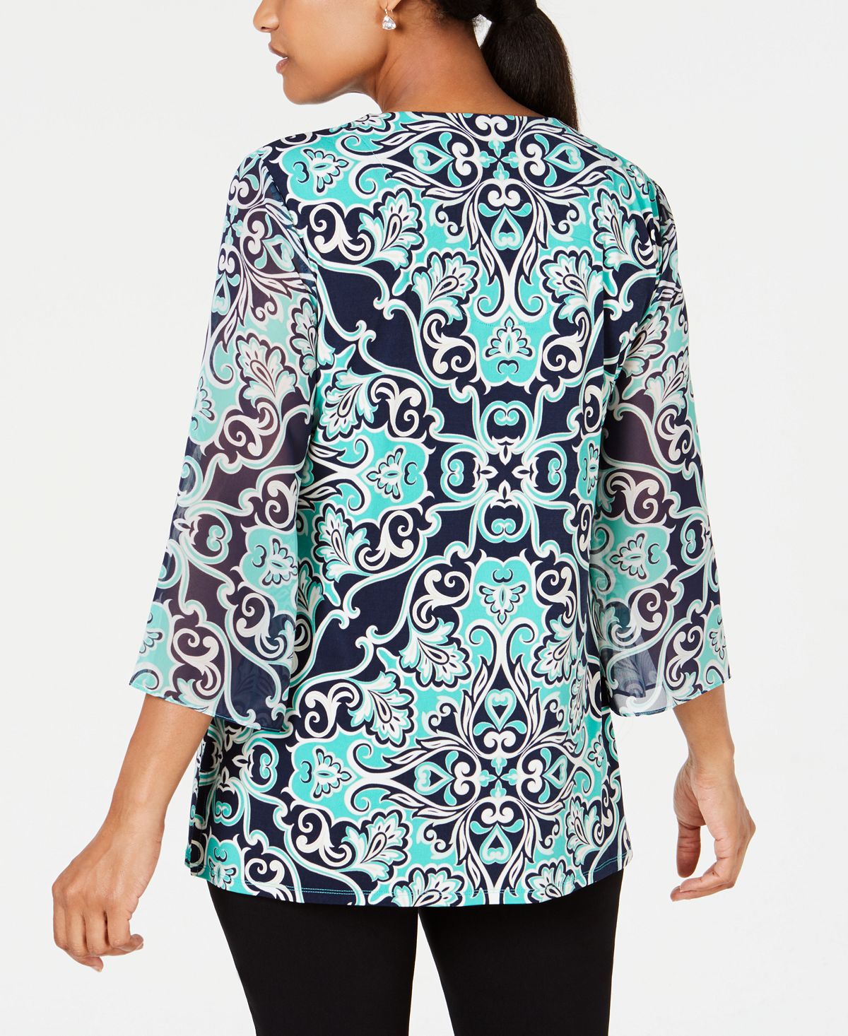 JM Collection Women's Printed Embellished Top Blue Size Petite S