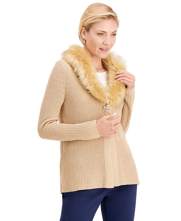 JM Collection Women's Holiday Party Faux Fur Collar Sweater Brown Size Small